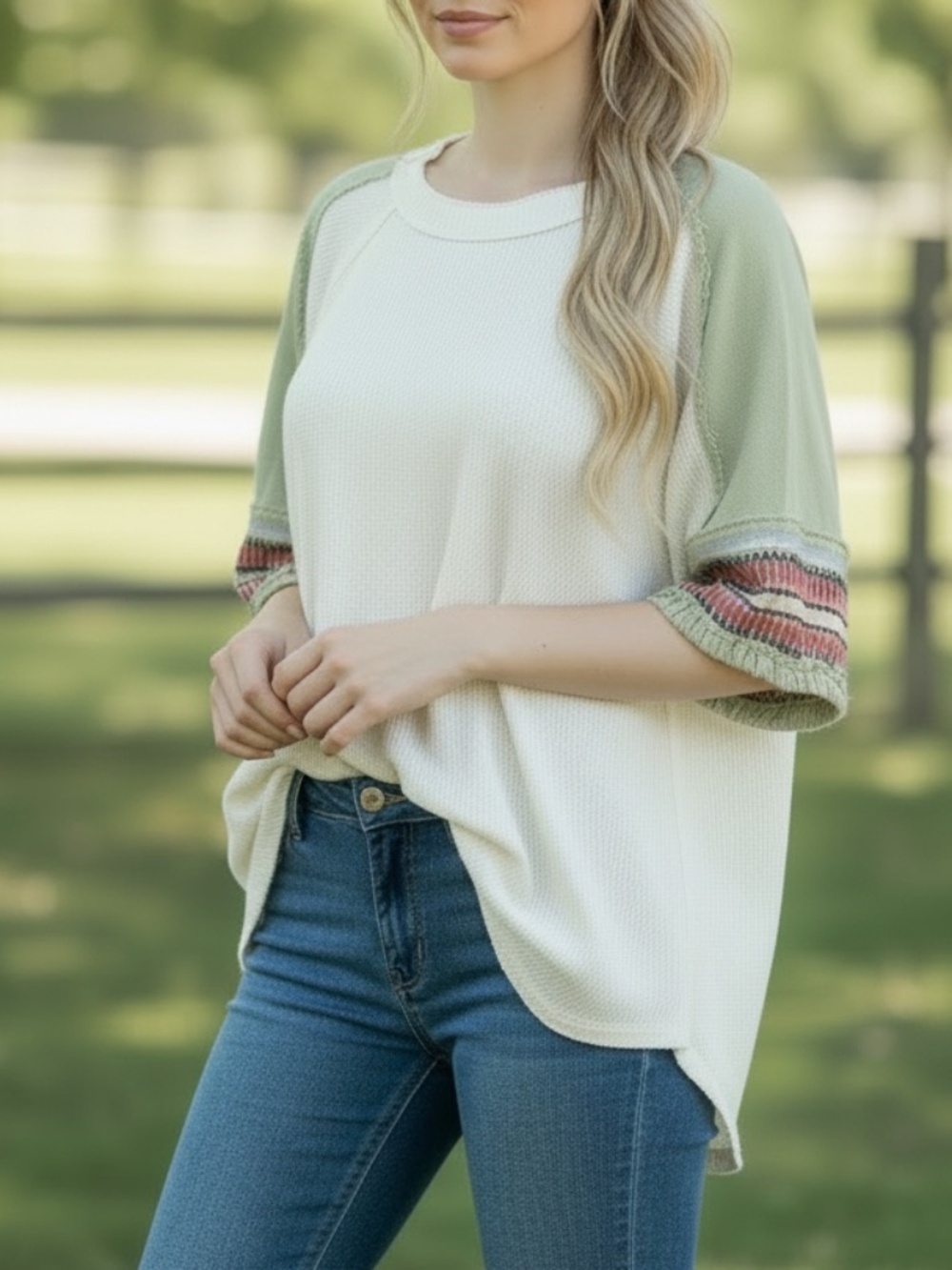 Easel oversized waffle-knit patchwork top size medium